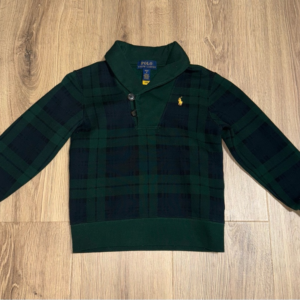 Polo Ralph Lauren Boy's Long‎ Sleeve Shawl Neck Plaid Sweatshirt Sweater size 4